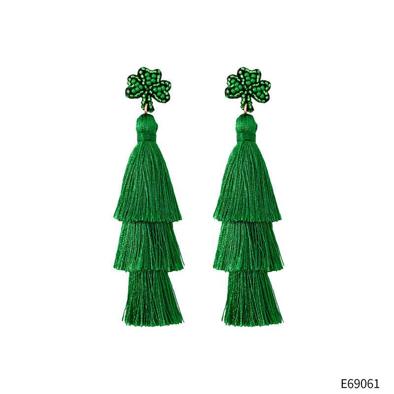 Wholesale Saint Patrick Green Cotton Thread, Rice Beads, Leaf Earrings
